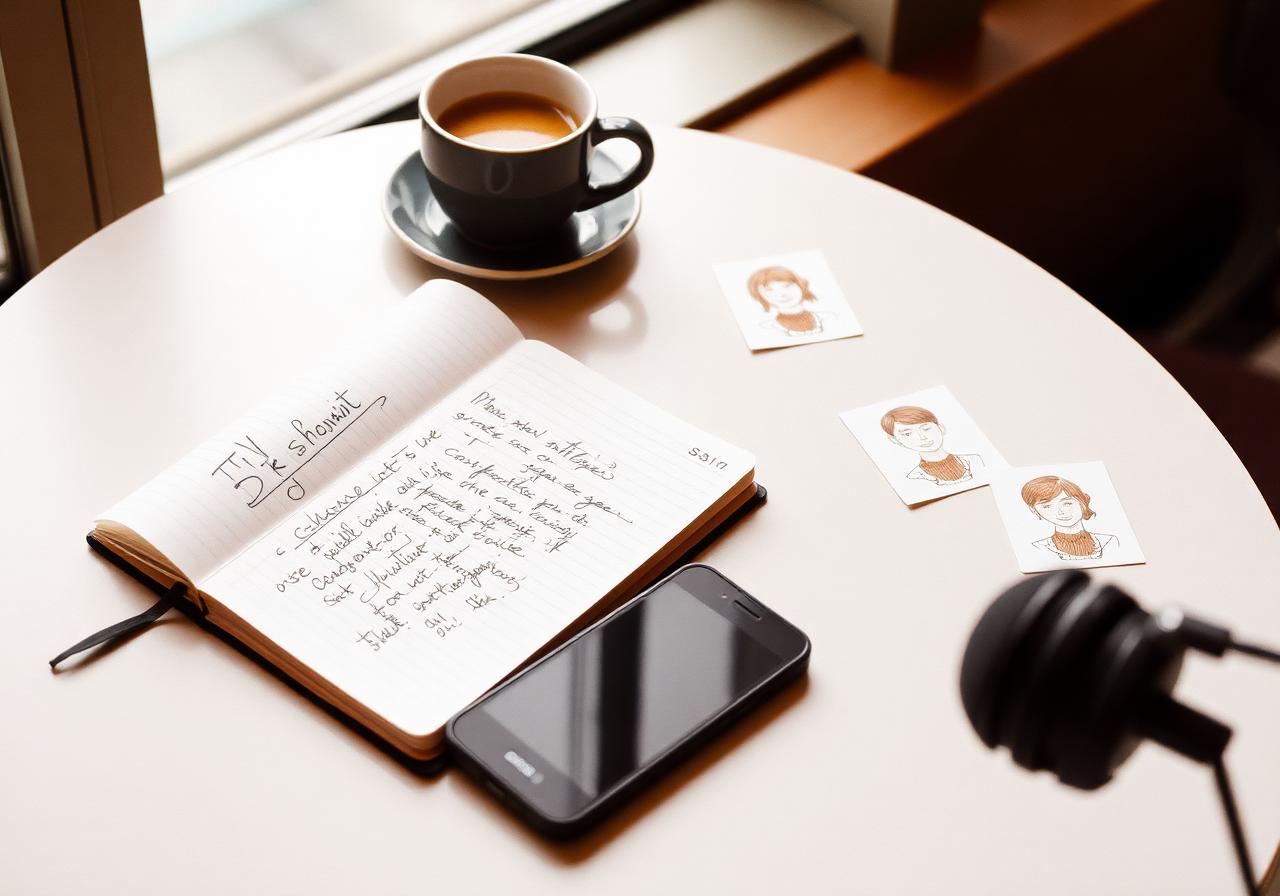 Interview notes, persona cards and a notebook on a cafe table