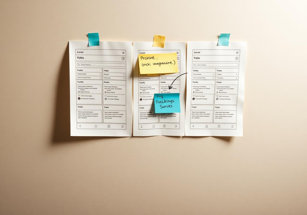 Low-fidelity booking wireframes taped to a wall with sticky-note annotations