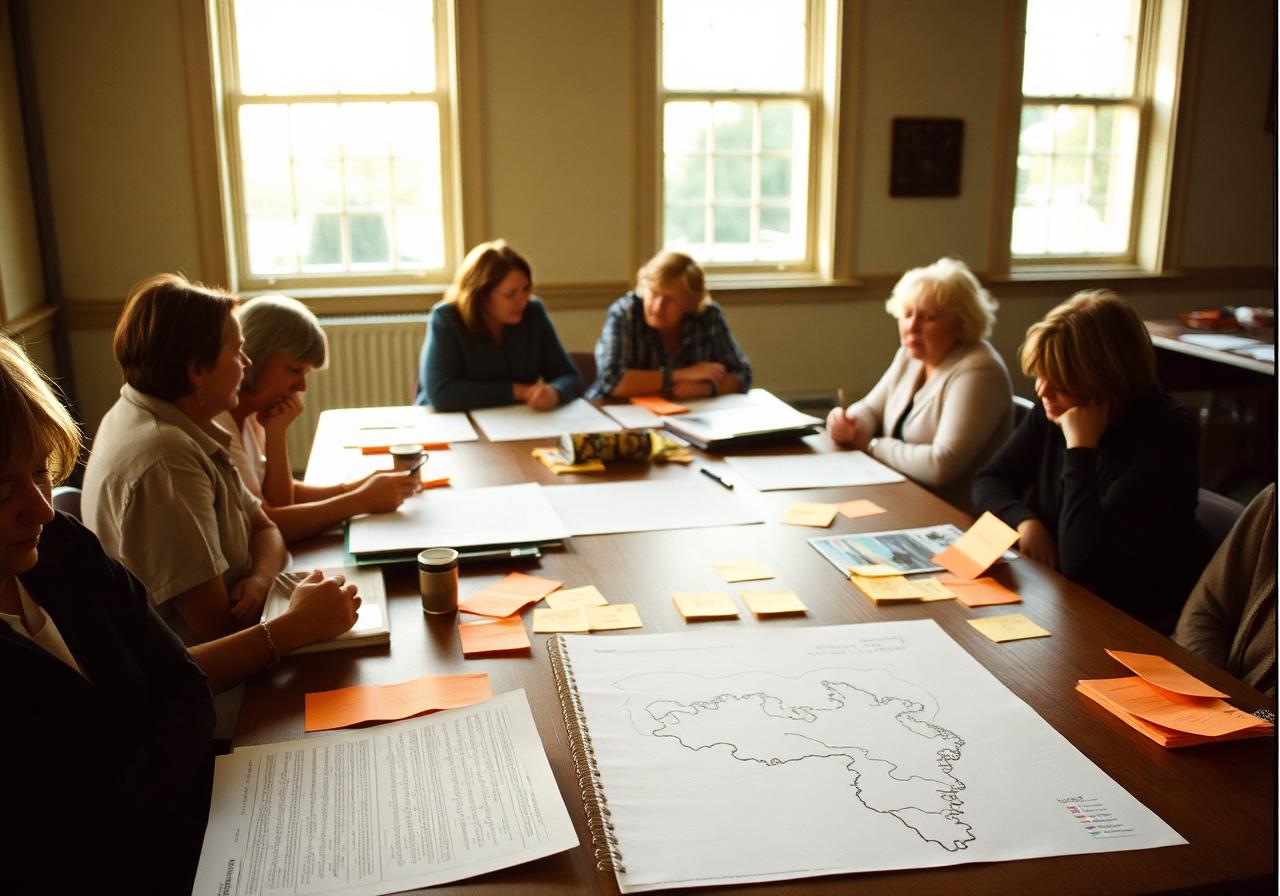 Community workshop around a hall table with worksheets, dot stickers and a hand-drawn map