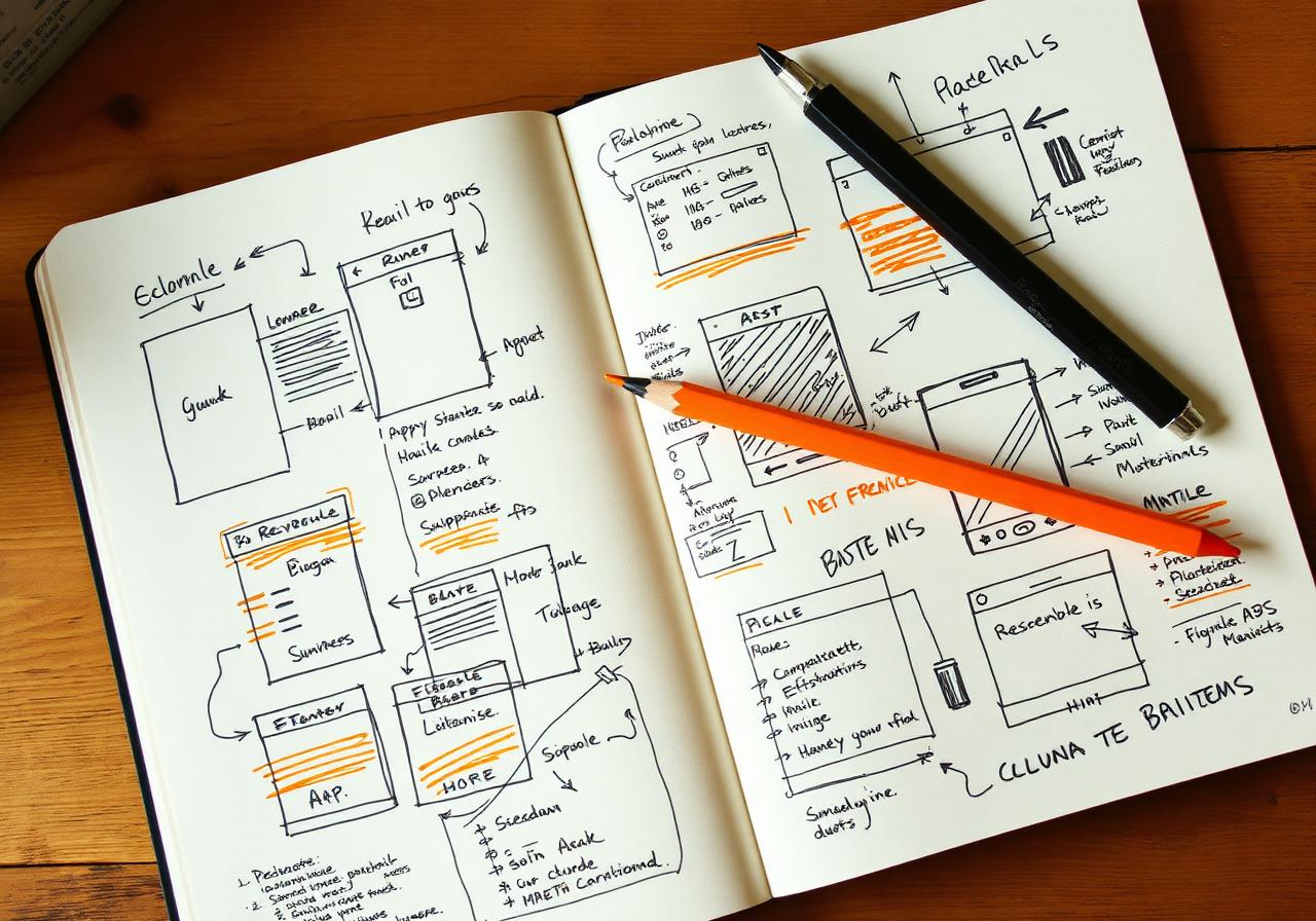 Sketchbook spread of hand-drawn Ember screens with orange highlighter and crossed-out ideas