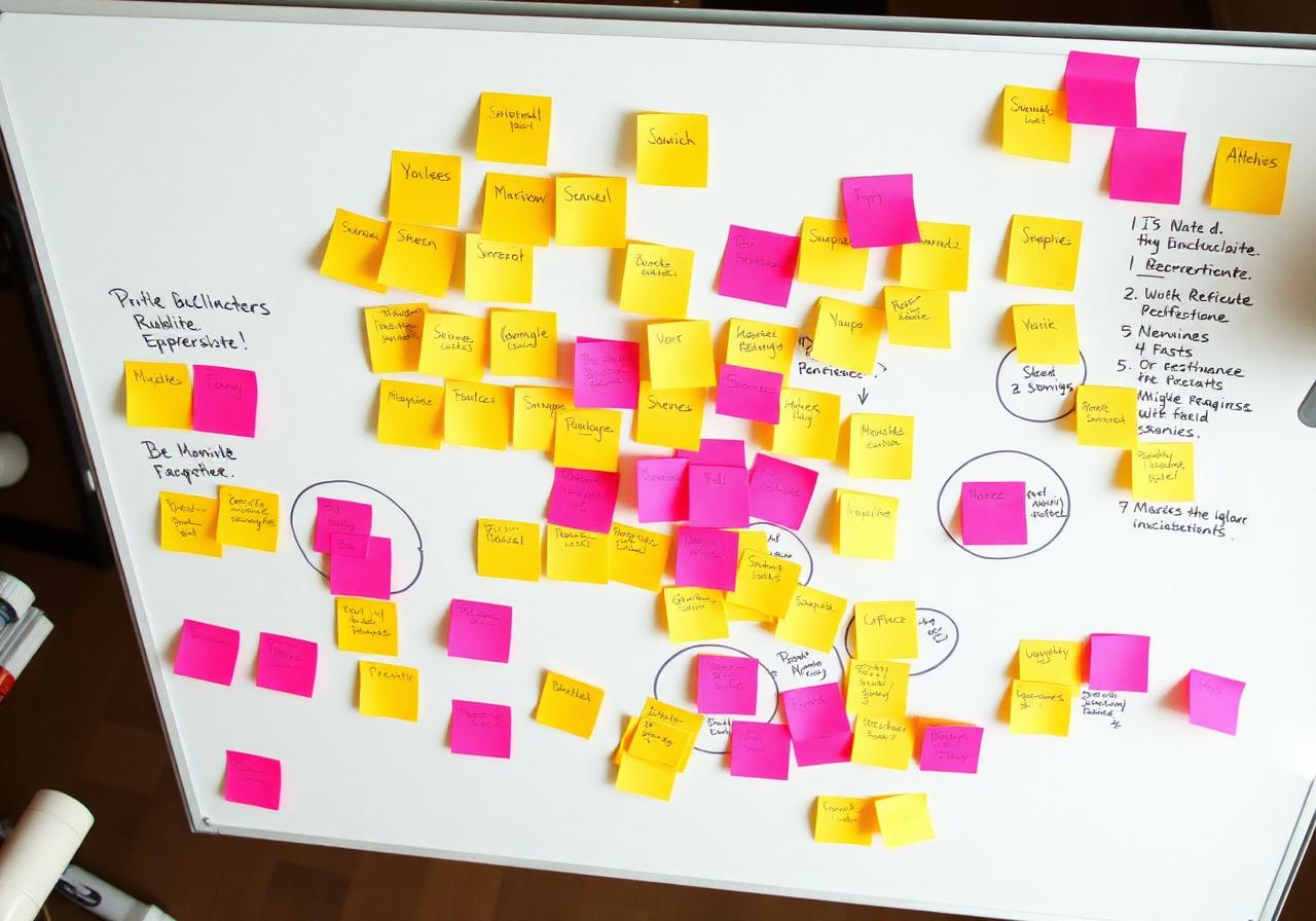 Affinity map of sticky notes from commuter interviews, grouped into themes