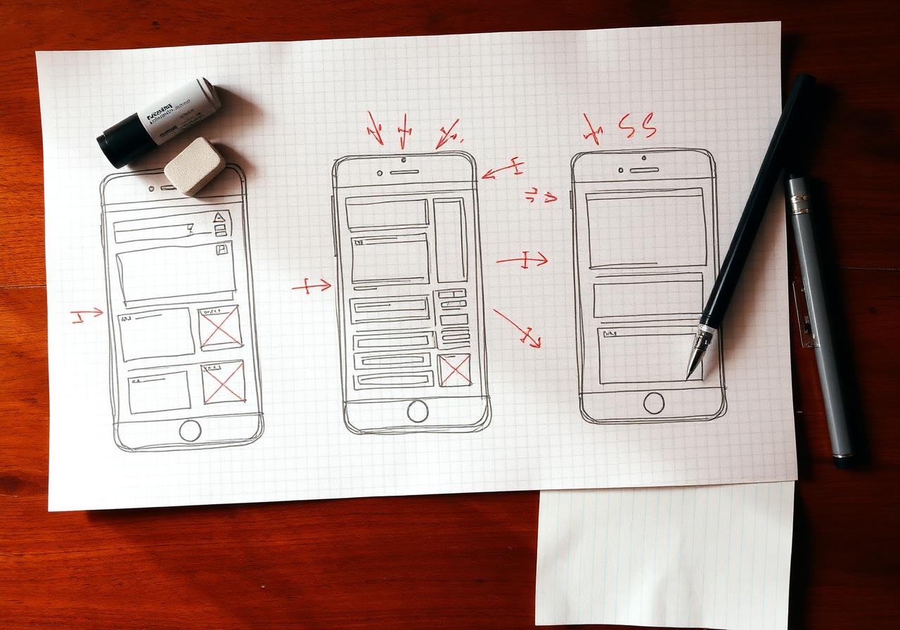 Three pencil wireframe iterations of the balance and top-up screens with red annotations